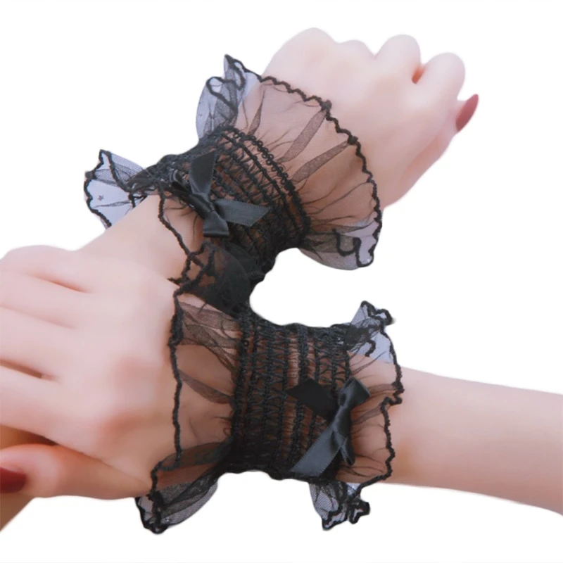 652F Japanese Sweet Shirred Elastic Wrist Cuffs Solid Color Ruffled Lace Bowknot Bracelet Wristband Anime Hand Sleeves