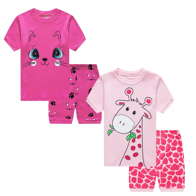 Little Hand Toddler Girls Sleepwear Short Sleeve Cute Animal Two Piece Home Outfit Giraffe Cat Pattern Tee for Age 2-7