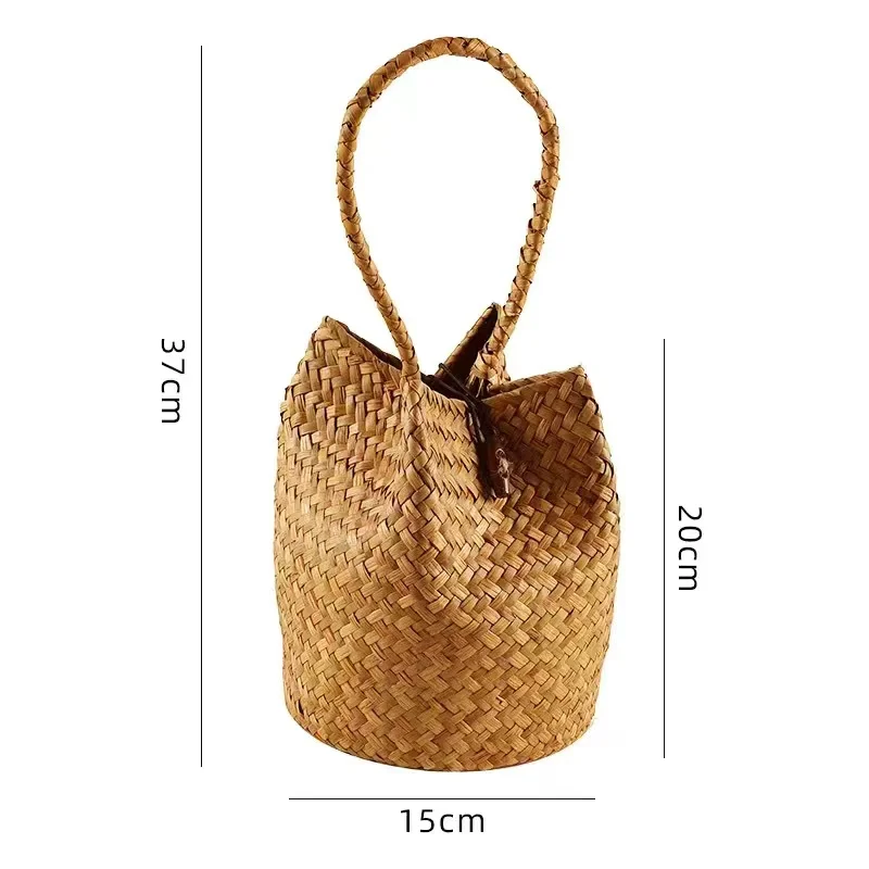 Cute Handmade Round Straw Woven Bag Natural Straws Handbag INS Trendy Stylish Kids Boys Girls Women Beach Camp Outdoor Bag