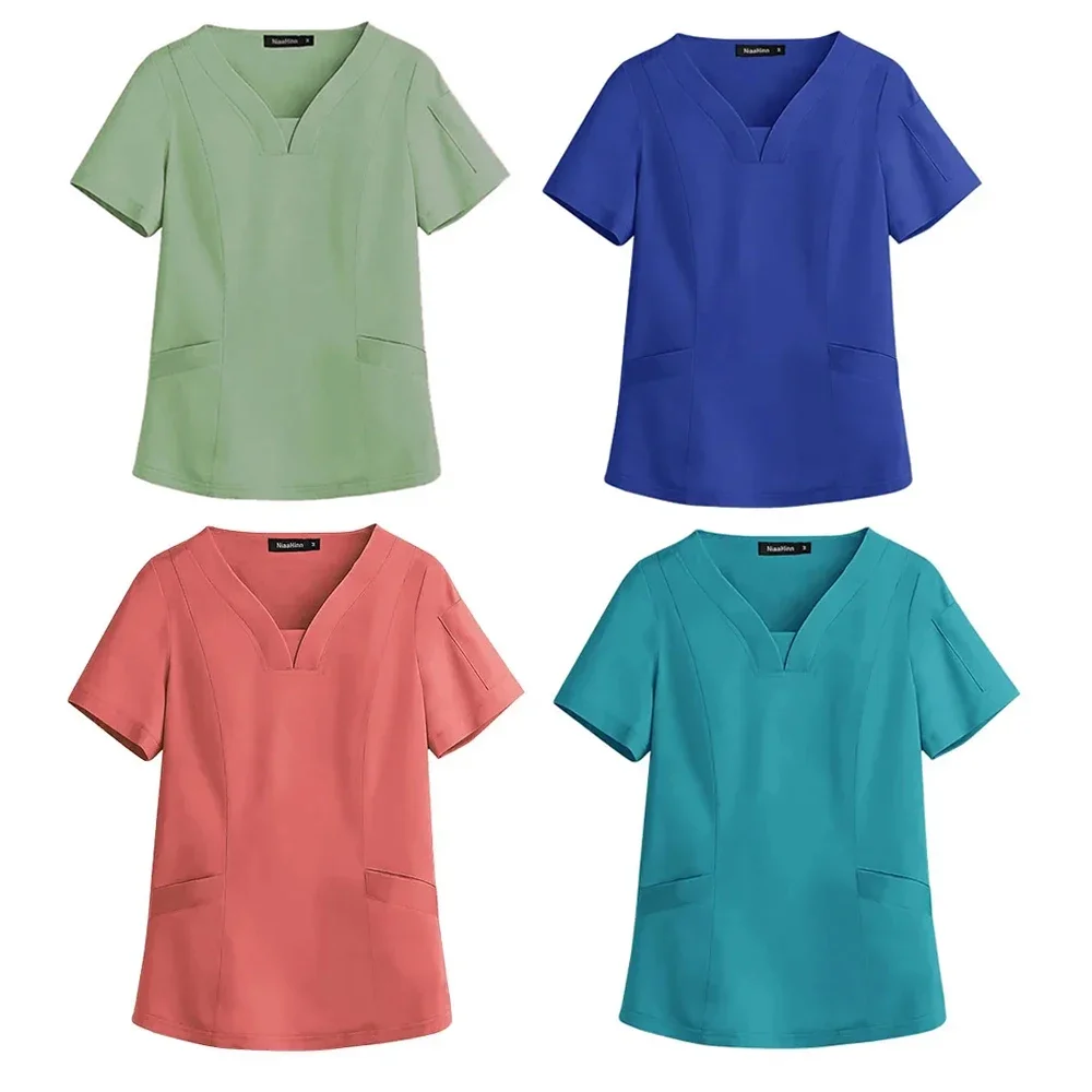 New Short Sleeve Scrubs Top with Pocket Medical Nurse Uniforms Doctor Surgery Overalls Blouse Spa Outwear Beauty Salon Workwear