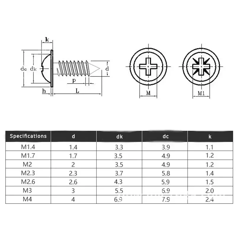 50pcs M1.4 M1.7 M2 M2.3 M2.6 M3 M4 Cross Round Head with Washer Self Tapping Screw 304 Stainless Steel Wood Screws