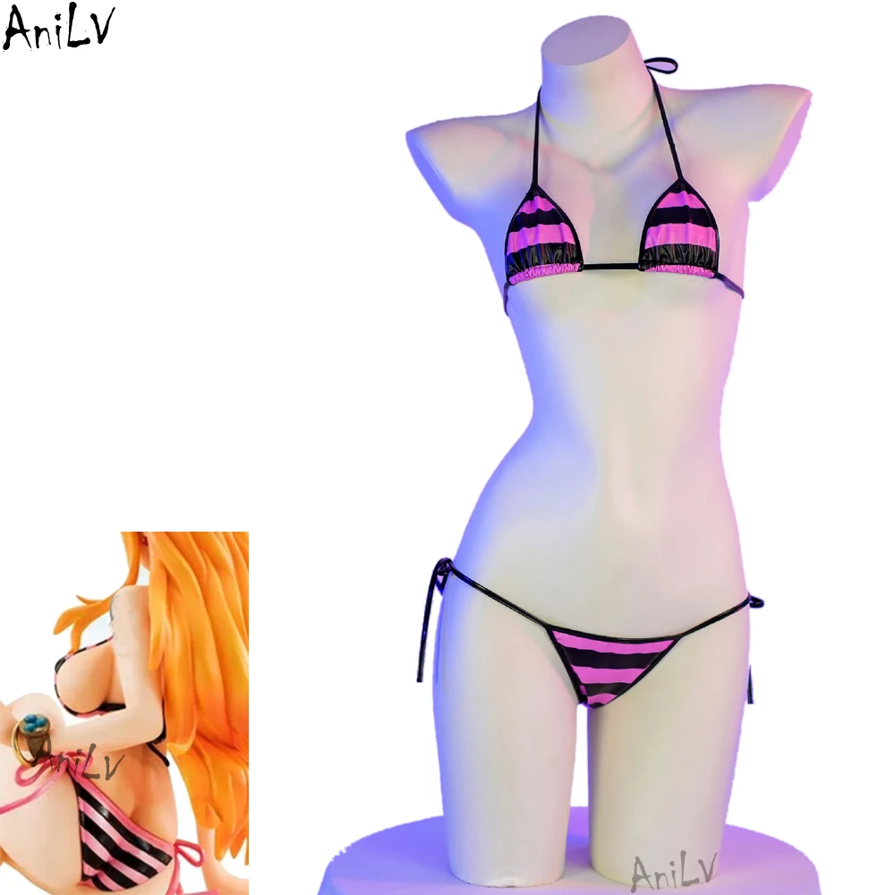 AniLV 2024 Summer Pool Party Bright Bikini Swimsuit Women Contrasting Stripes Underwear Costume Anime Swimwear Cosplay Clothes