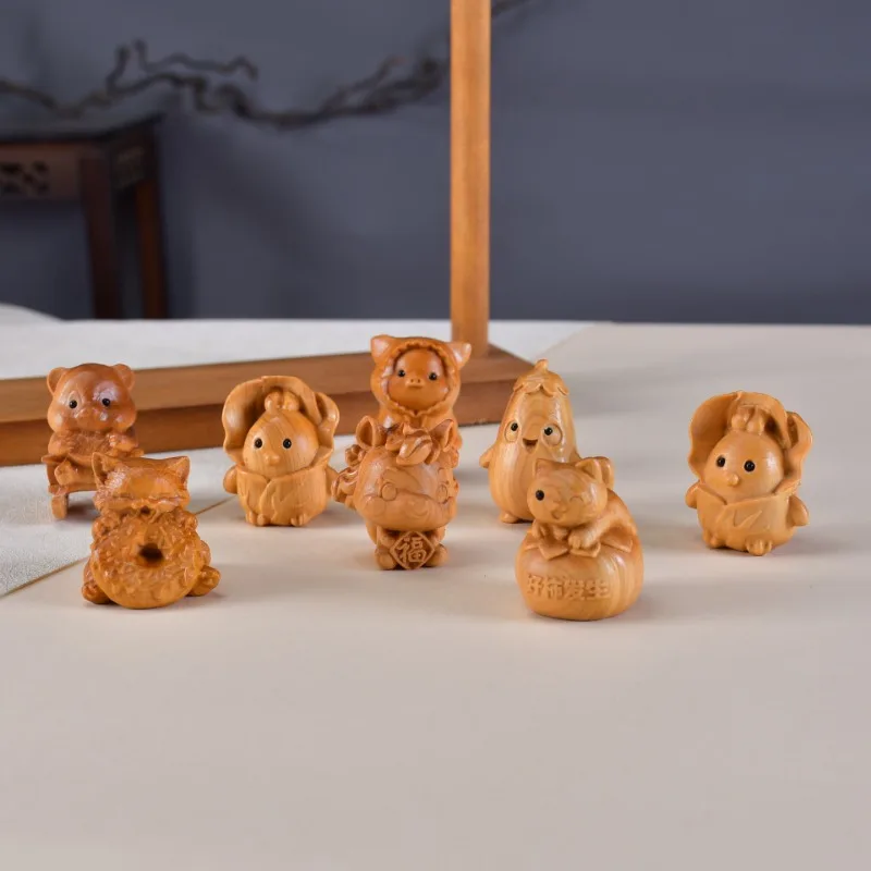 Wood Carving Ornaments Thuja Sutchuenensis Crafts, Small Animal Accessories Chinese Zodiac Rooster Pig Bear Cat, Hand Piece Gift