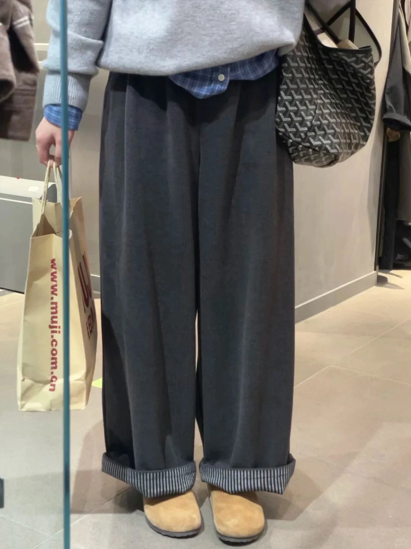 Retro ey Plaid Wide Leg Pants Women's Autumn Winter Fce Lined Thiened Warm Loose Fit Straight Cut Slimming Pants