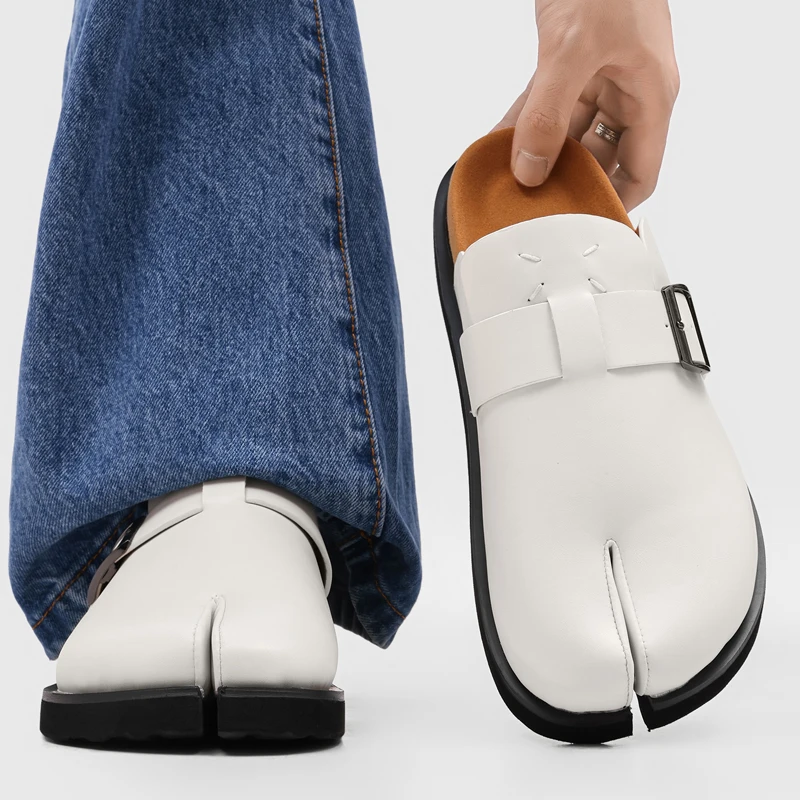 Internet Celebrity Pig Trotter Split Toe Men Boken Half Slippers with Buckle Decoration Lazy Casual Couple Slippers