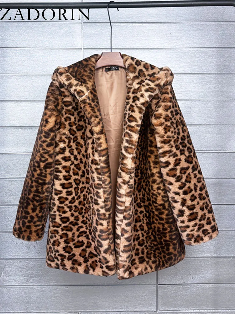 ZADORIN Furry Leopard Print Jacket Women 2024 Winter Fluffy Loose Faux Rabbit Fur Coat Thick Warm Plush Jackets for Women Coats