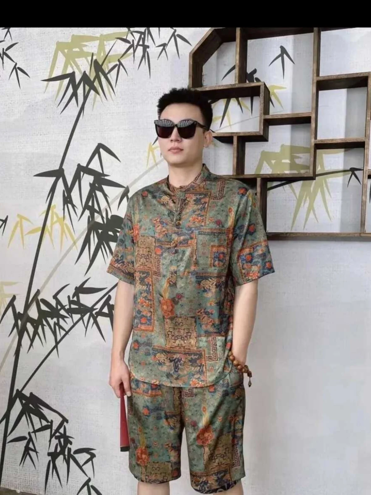 

Cool Chinese Sle ort Sve ort Pants Two-Piece Set Faionable Outerwear Men's Ethnic Casual Wear Summer Collection