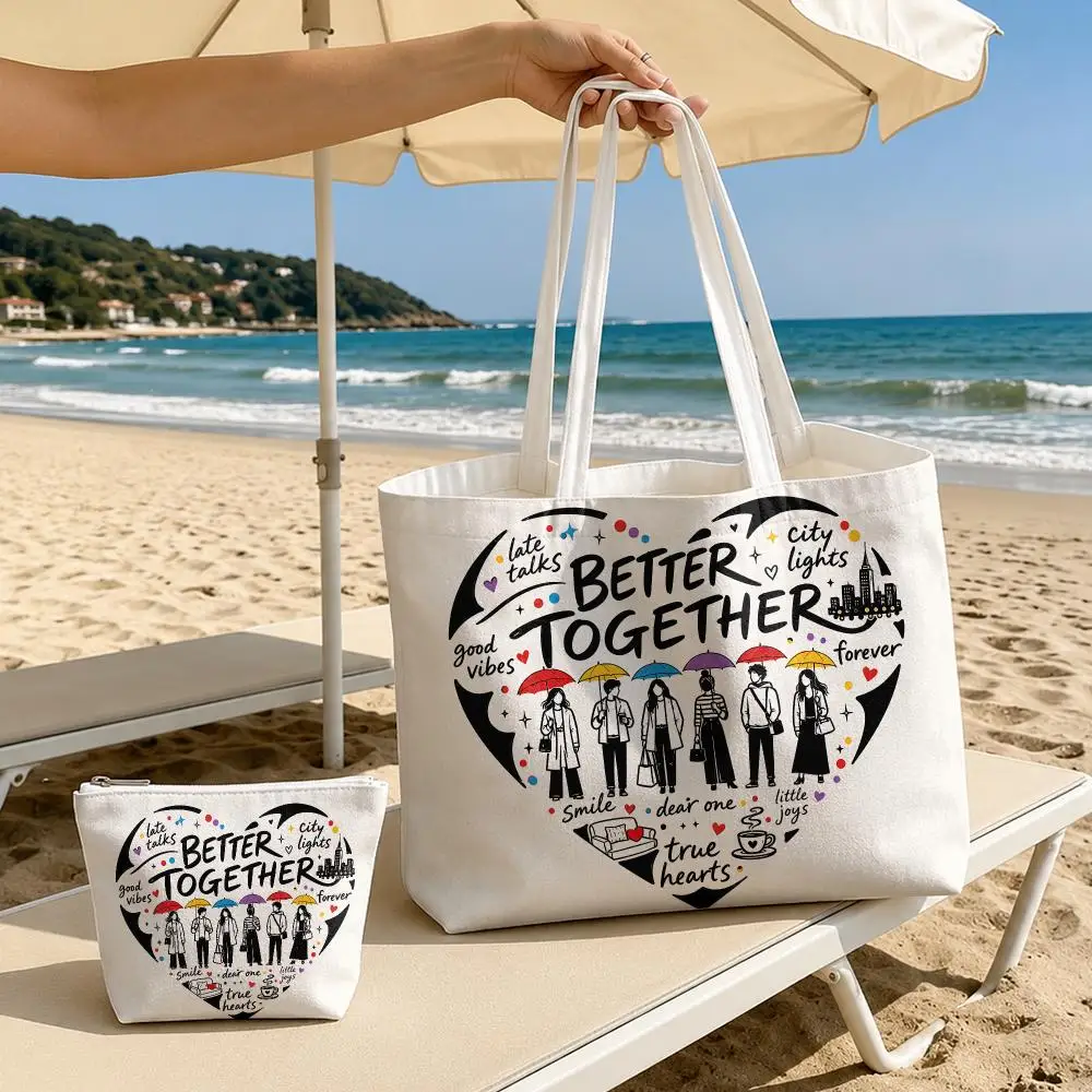 Better Together Besties Storage Bags 2-Piece Women's Canvas Zipper Large Capacity Reusable Daily Commute Shopping&Gift