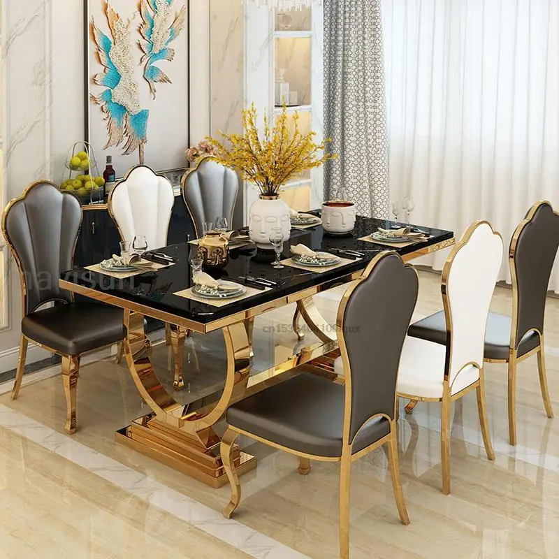 Light Luxury Kitchen Table With Marble Rectangle Stable Gold Plated Stainless Steel Frame Dining Table And Chairs Combination