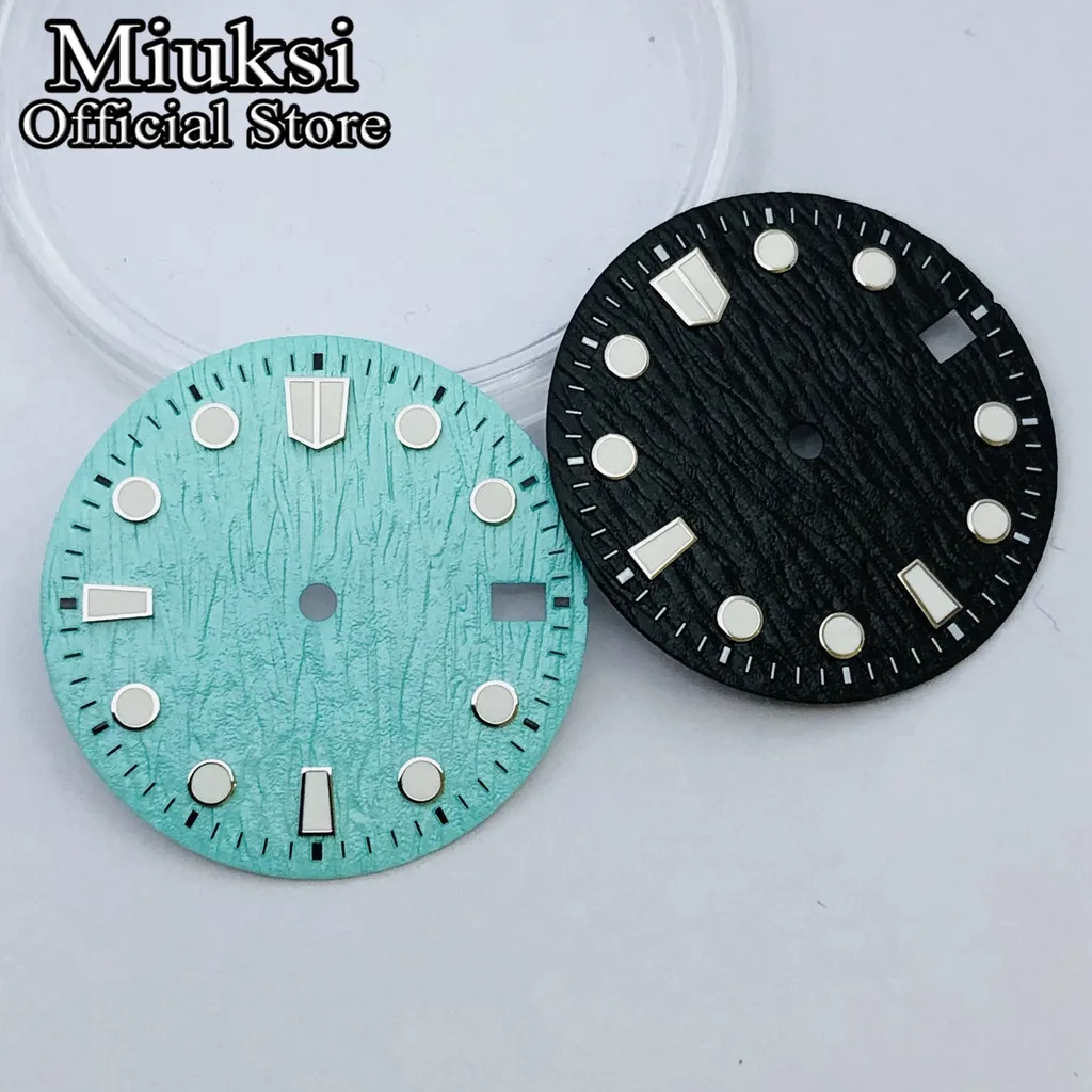 Miuksi 28.5mm black blue green white red orange sterile watch dial luminous fit NH34 NH35 movement fit 3/3.8/4.2 o\'clock crown