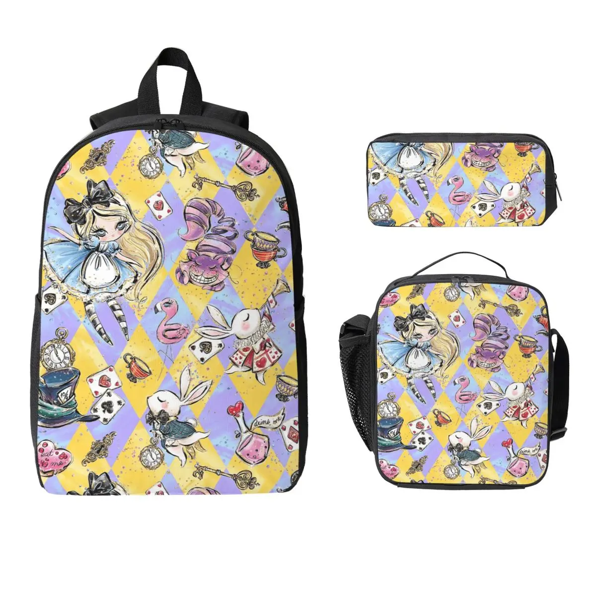 

Alice In Wonderland Backpack Student Boys Girls BookBag School Bag Computer Shoulder Bags 3ps Insulated Lunch Bag Pencil Case