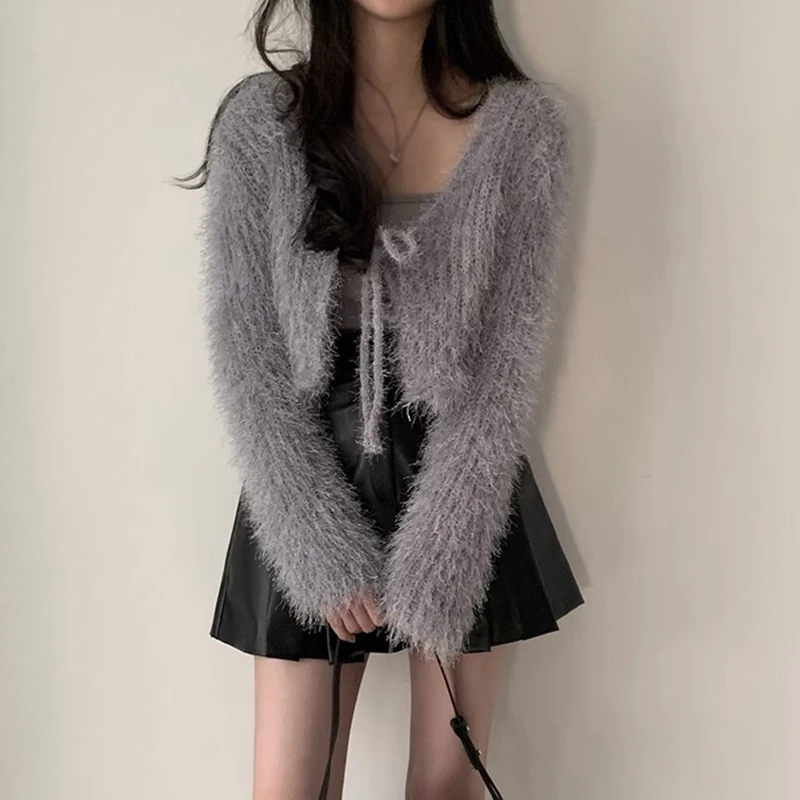 Autumn and Winter Chic Lace-up Knitted Cardigan Women Coat Short Solid Color Knit Cardigan for Women Korean