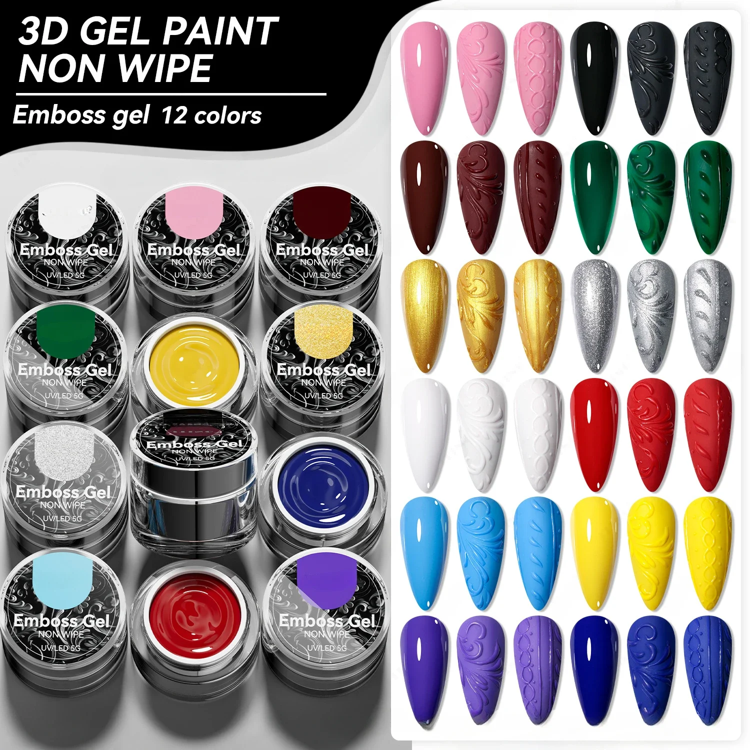 

12pcs 5ml Painted Embossed Gel Nail Polish 3D Colorful Gel Nail Art Drawing Painting Carving Gel Salon DIY Manicure Tool