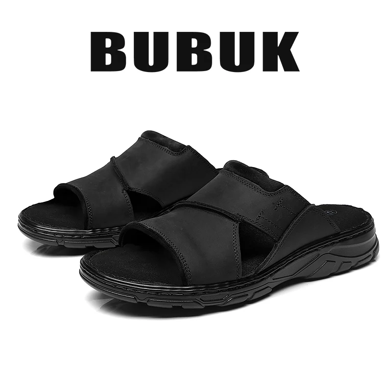Bubuk メンズ本革スリッポンスリッパ、第一層牛革ビーチサンダル、カジュアルメンズシューズ、アーチサポート補正、屋内外着用に適しています