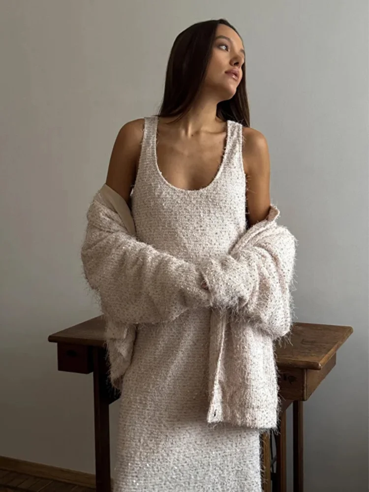 Women 2 Piece Outfit Set Sparkly Sequin Fuzzy Long Sleeve Cardigan U Neck Sleeveless Maxi Dress Elegant Evening Matching Suit