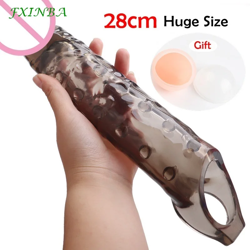 FXINBA 28cm Large Penis Extender Sleeve Realistic Delay Ejaculation Reusable Condom  Sex Toys For Men Penis Sleeve Extention