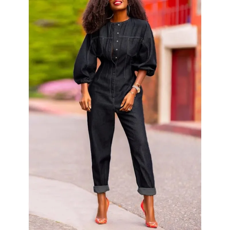 Streetwear Denim Jumpsuits Women 2026 Vintage Puff Sleeve O-Neck Button High Waist Pockets Bright Line Decoration Jumpsuit