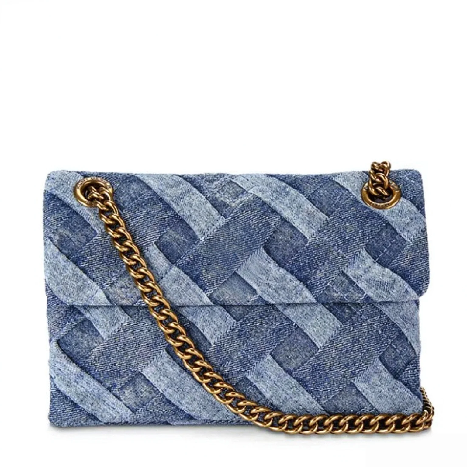 Women Woven Denim Flap Crossbody Bag Vintage Gold Chain Shoulder Purse Fashion Square Handbag For Daily Party