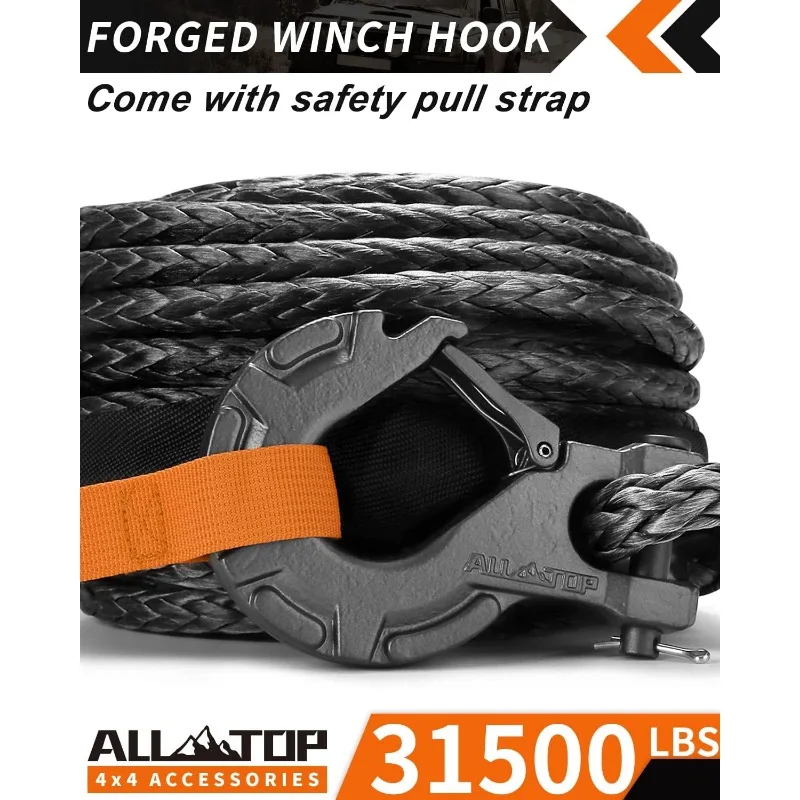 Synthetic Winch Rope Kit, 1/2in x 92ft, 31500Lbs Winch Cable Replace Kit + Forged Winch Hook & Safety Pull Strap