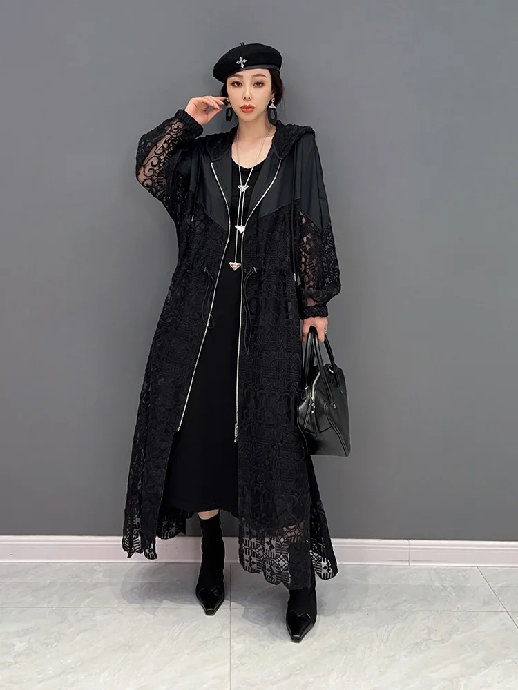 Vefadisa 2024 New Autumn Woman Hollow Out Printing Hooded Trench Coat Loose Mid-length Solid Color Zipper Cardigan Coat LHX3004