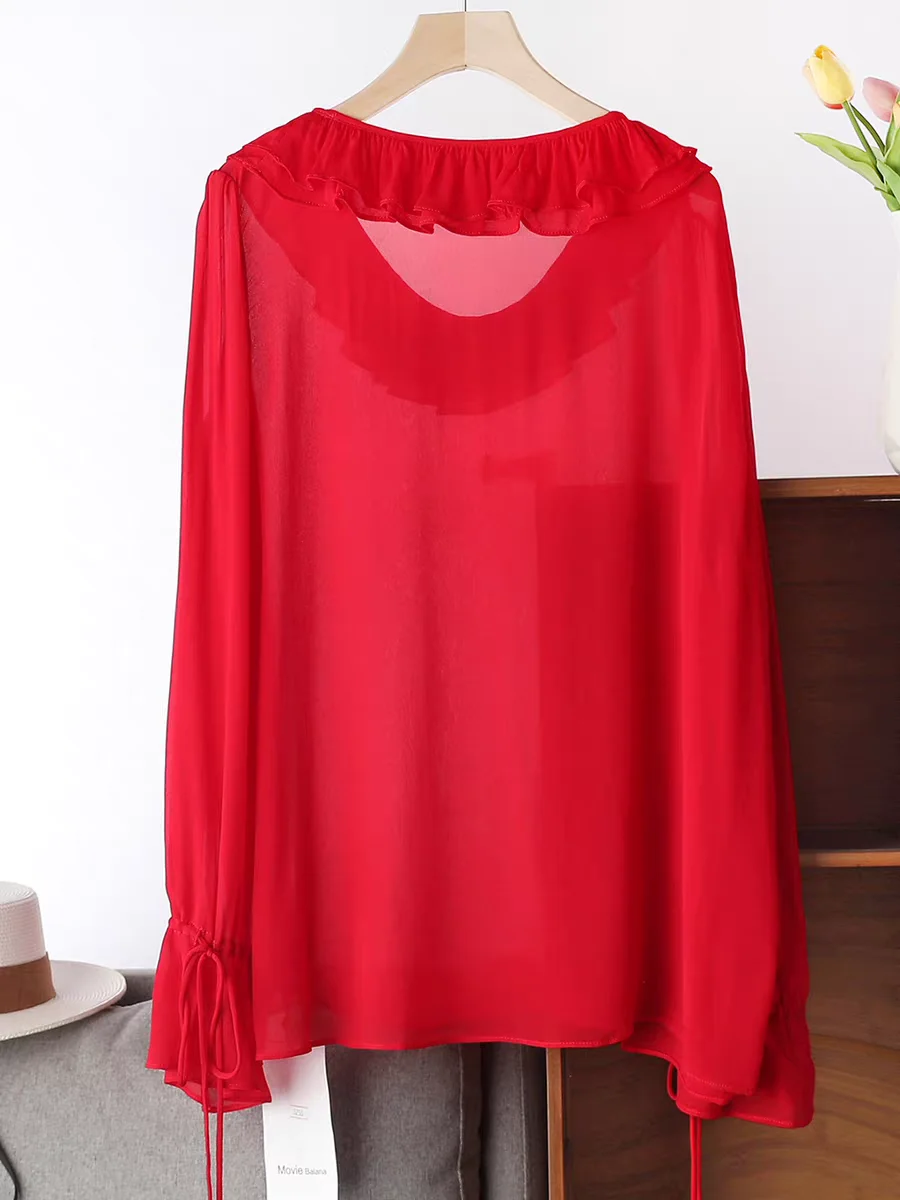 Blusa Elegante de Gasa para Mujer, Tallas Grandes, Blanca, Manga Larga Abullonada, con Volantes, Holgada, Moda Primavera, Camisa Casual 5XL 6XL