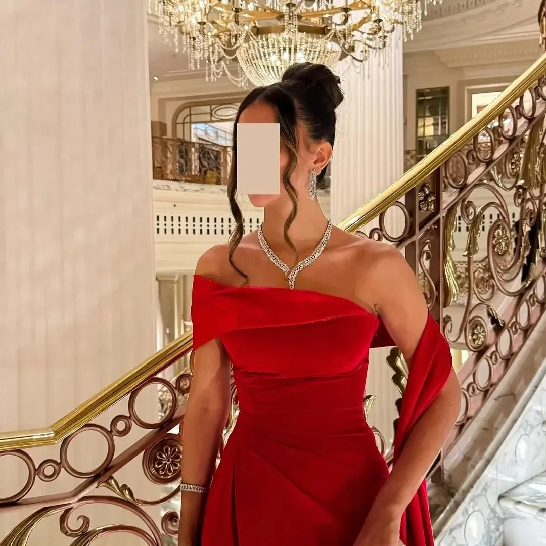 Evening Dress Elegant A-Line Red Long Prom Dress Pleated Off The Shoulder High Side Slit Party Dress Gowns Saudi Arabia