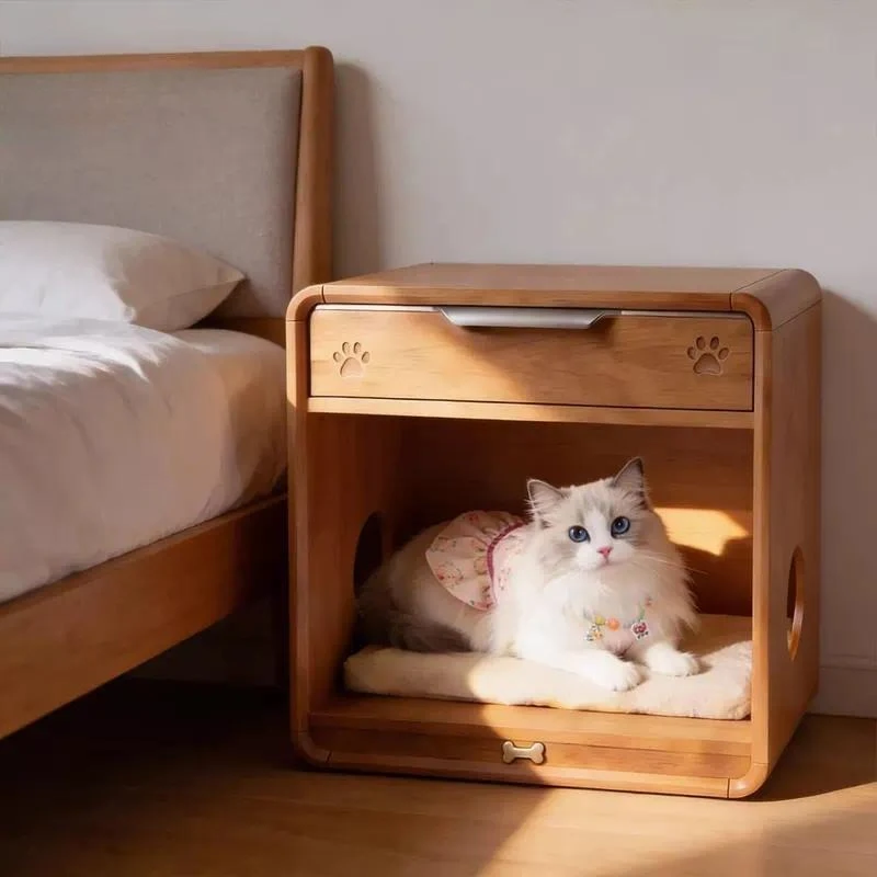 Solid Wood Bedside Table Cat Nest Integrated Storage Cabinet Simple Modern Bedroom Pet Cabinet Cat Nest Bedside Table