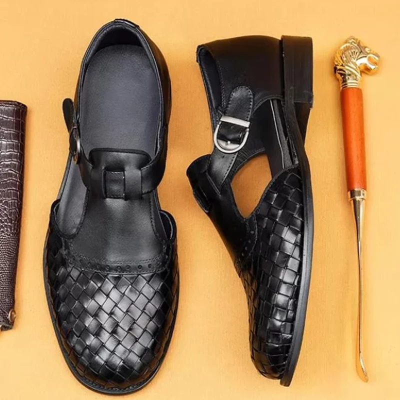 Retro Woven Pattern Leather Sandals Men First-Layer Cowhide Summer Genuine Leather Casual Shoes Buckle Breathable Cool Slippers