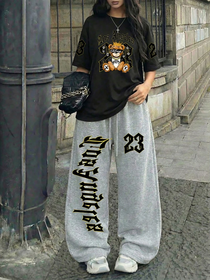 Women'S Casual Street Style Cool Bear No. 23 Print Round Neck Loose Drawstring Long Pants Suitable for Summer Street Wear