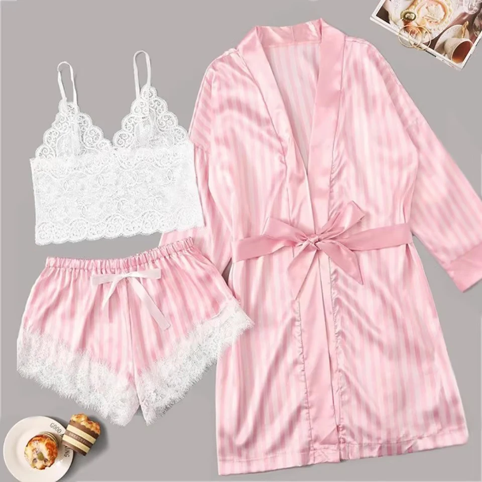 3Pcs Pink Striped Pajamas Set With Robe Satin Lace Cami Sleepwear Sexy Pj Set Xmas Nightie Nightgown Home Clothes For Women