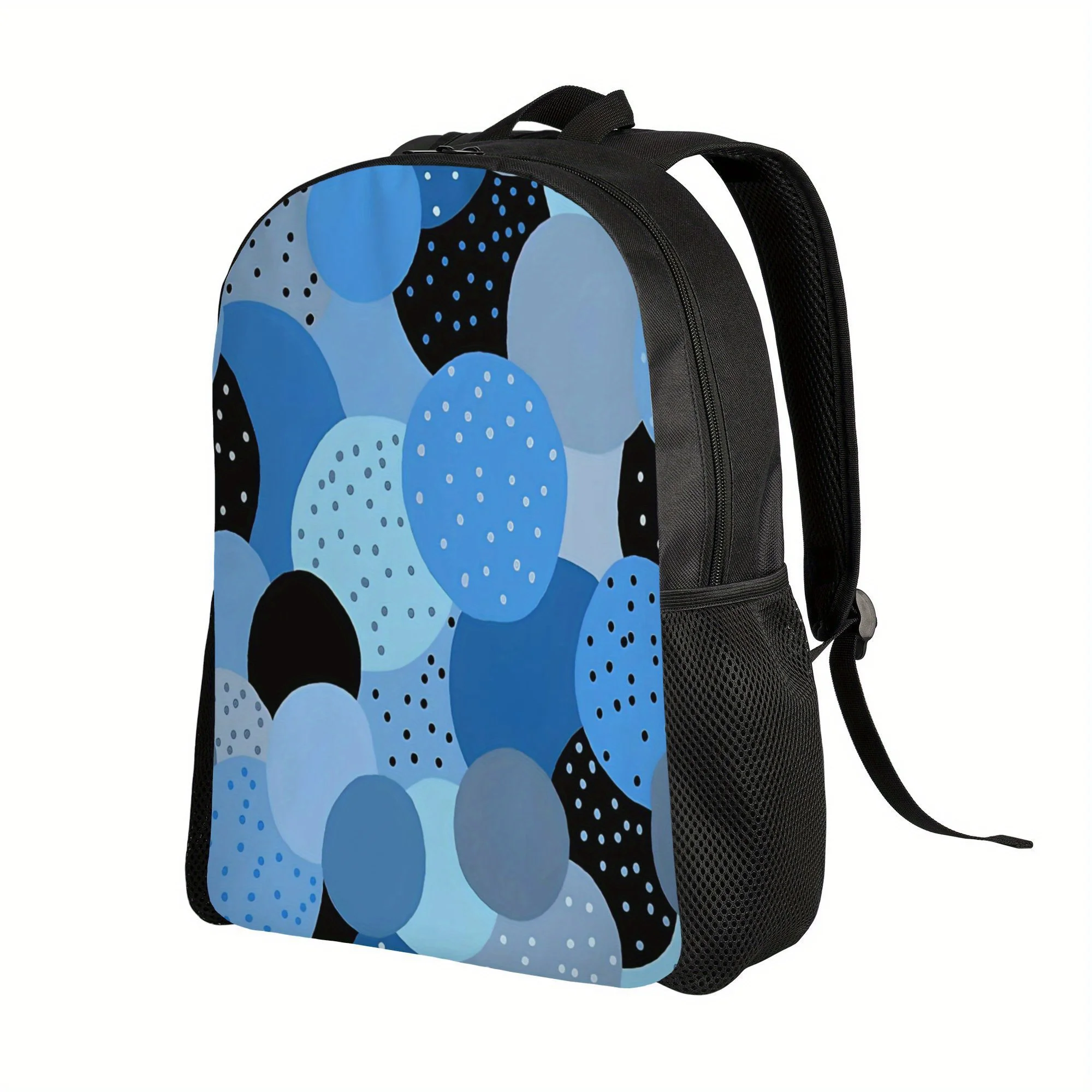 

Large Capacity Blue and Black Abstract Polka Dot Backpack with Turquoise/White/Grey/Beige Circles - Stylish School Backpack