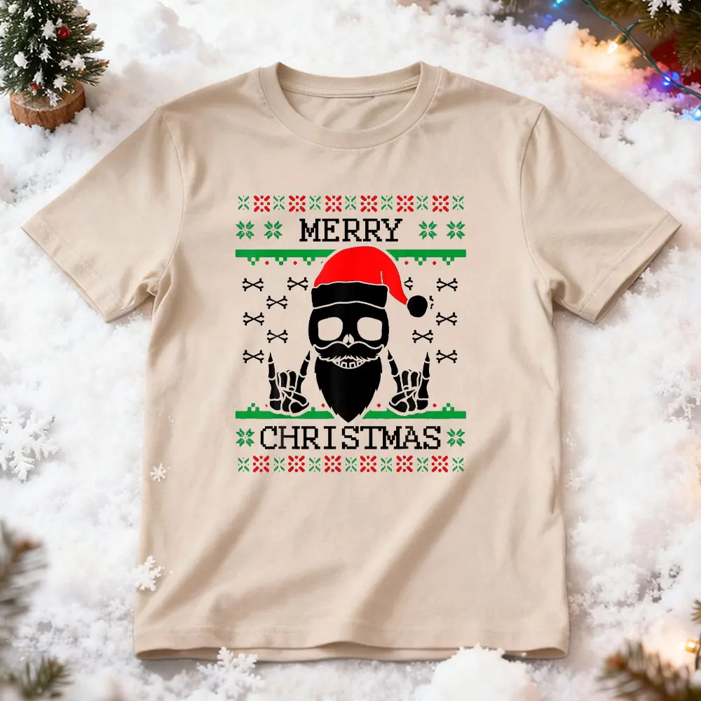 ゴシック クリスマス アグリー スカル ロック クリスマス Tシャツ ゴシックスタイル サンタクロース グラフィック プリント メンズ 半袖 ストリートウェア Tシャツ