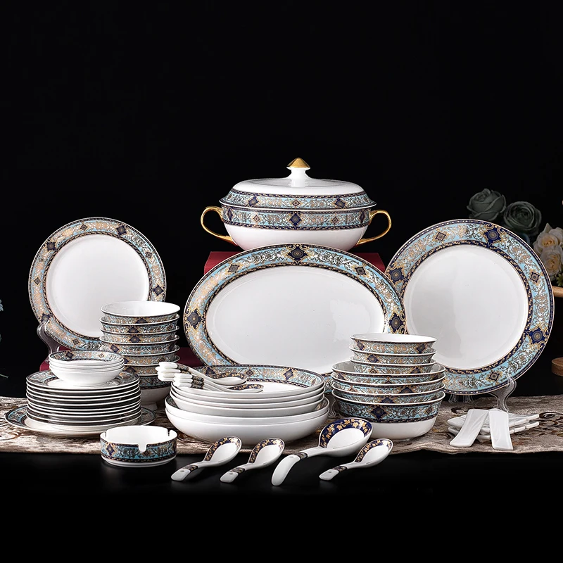 

62 Pcs High-quality Ceramic Tableware High-Grade Luxury Phnom Penh Tableware European Bone China Bowl and Plate