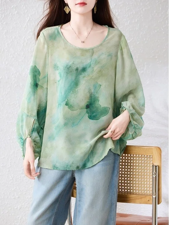 Loose Fit Printed T-Shirt Thin Large Size Women's Lantern Sleeve round Neck Loose Sunshade Cover up Artistic Commute Style Po...