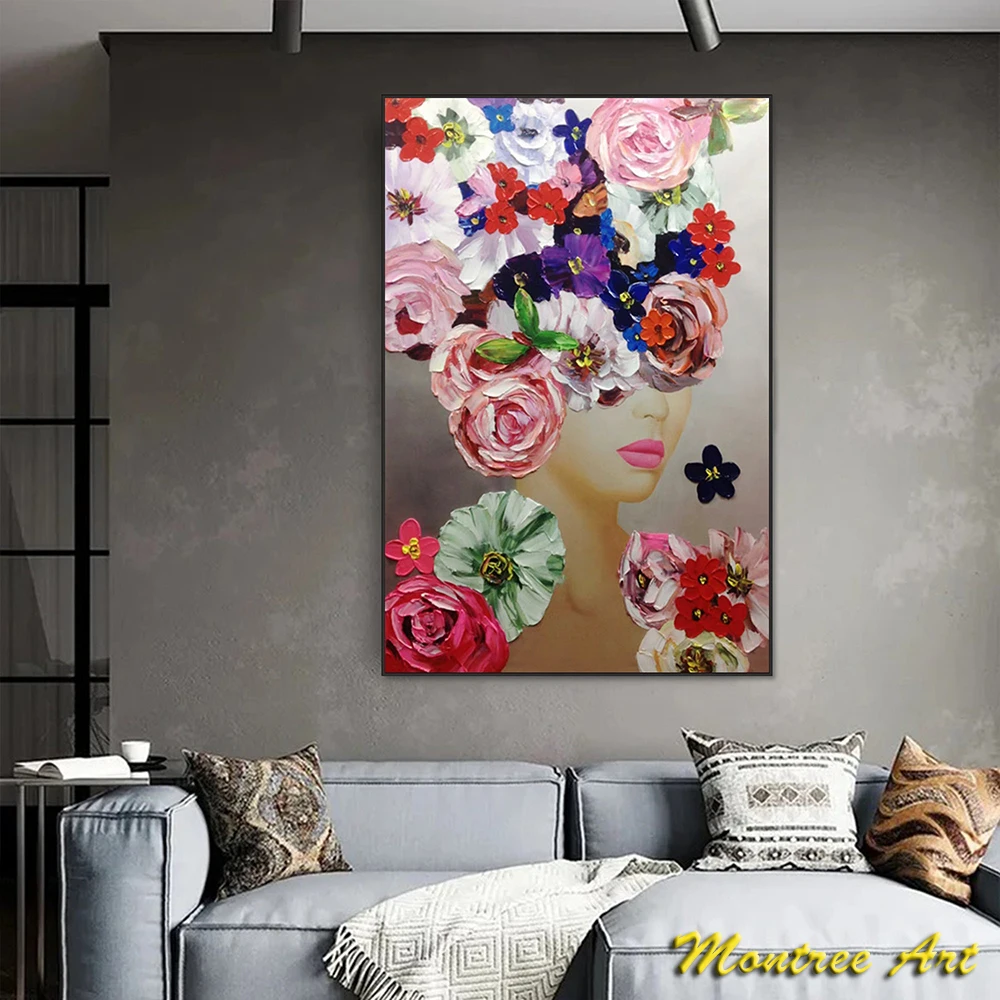 Hand Painted Oil Painting Original Beautiful Girl Painting on Canvas 3D Textured Flower Wall Art Floral Painting Modern Decor