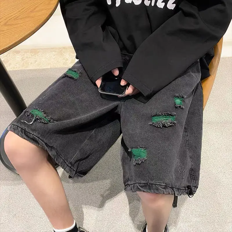 

Vintage Men Denim Shorts Hole Streetwear Hip Hop Y2k Clothes Vintage Harajuku Oversized Wide-legged Pants Summer Shorts