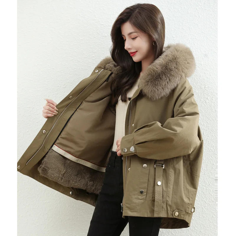 Brand High Grade Quality Women Thicken Warm Hoodie Down Parka Detachable Hat With Lining Rabbit Fur Hooded Winter Coat Jacket