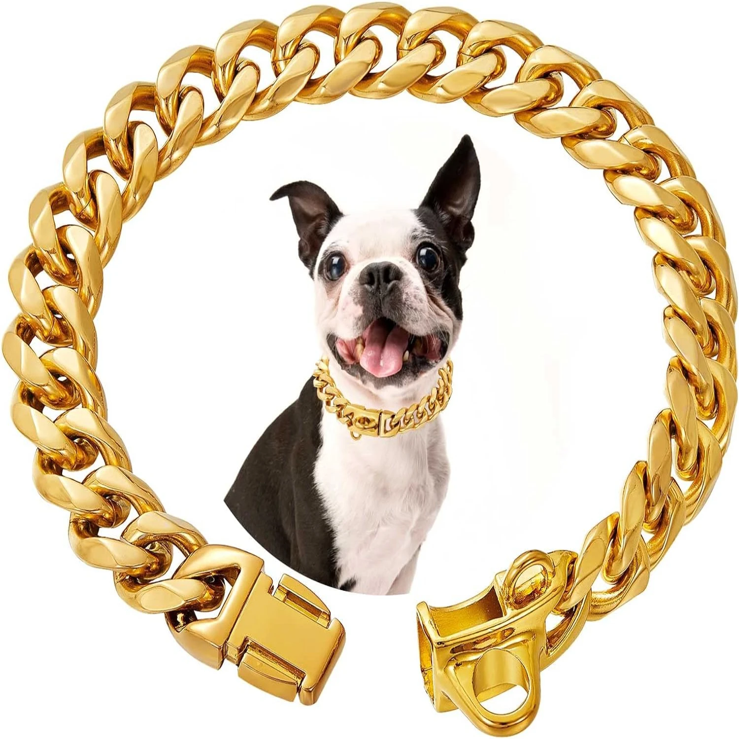 

Stylish Sturdy and Durable Adjustable Heavy Duty 18K Silver and Gold Cuban Link Dog Collar with Strong Safety Buckle Lock and C