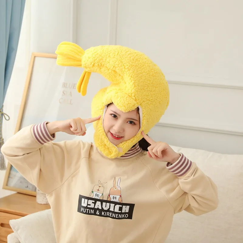 Cartoon Headcover Ocean Shrimp Shaped Plush Hats Photo Props