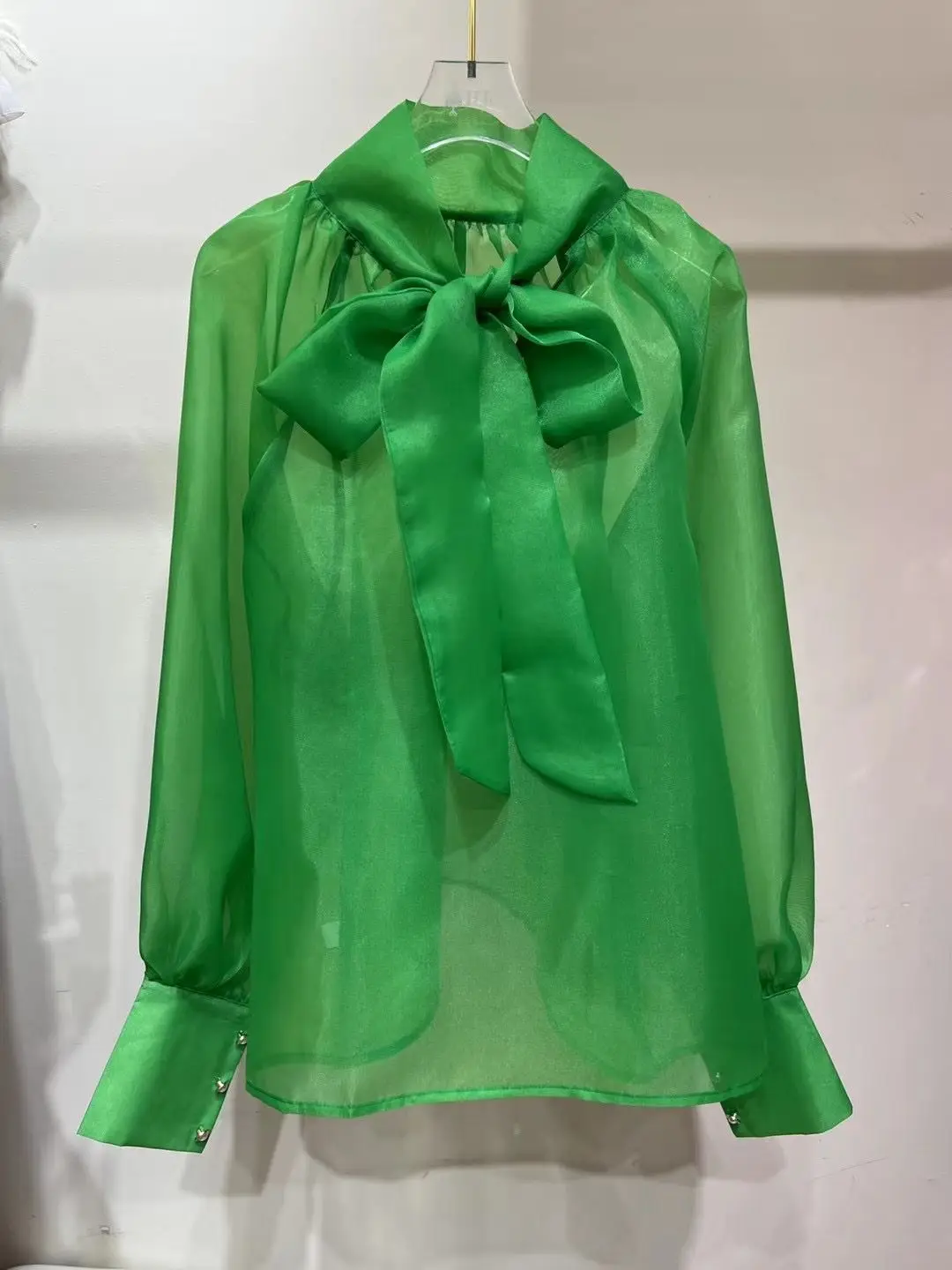 Japanese Bow Puff Sleeve Lace-up Shirt for Women 2024 Summer New Elegant Fashion Chiffon Blouse See-through Sweet Y2k Top