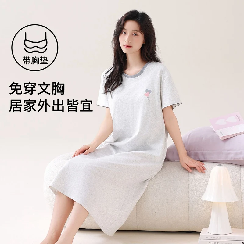

2026 Summer Short Sleeve 100% Cotton Nightgowns for Women Korean Loose Long Dress Sleepwear Night Dress Nightdress Home Nighty