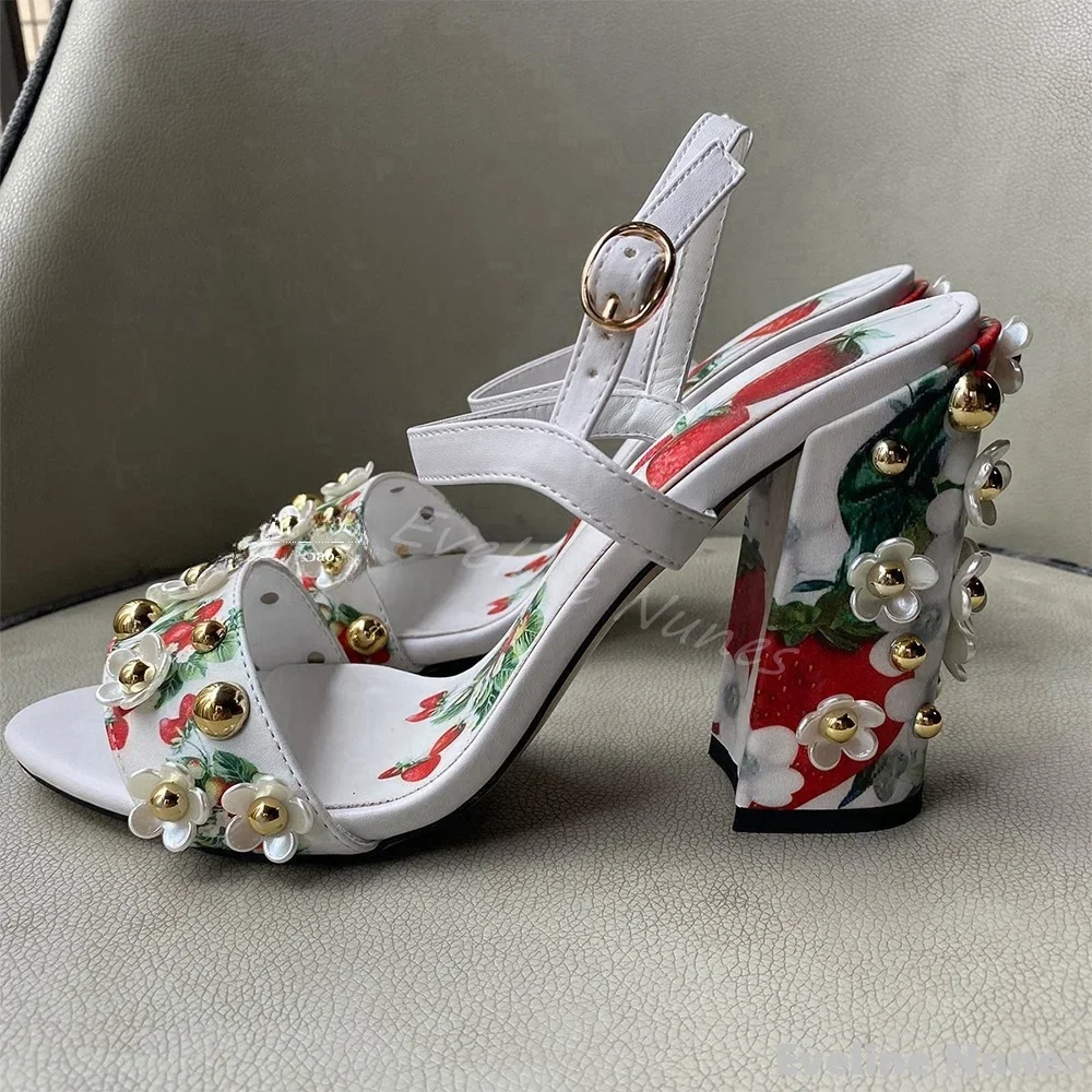 Rhinestone Flowers One Word Belt Sandals Women Round Toe Chunky Heel Strawberry Print Sandals 2025 Summer New Ankle Strap Sandal