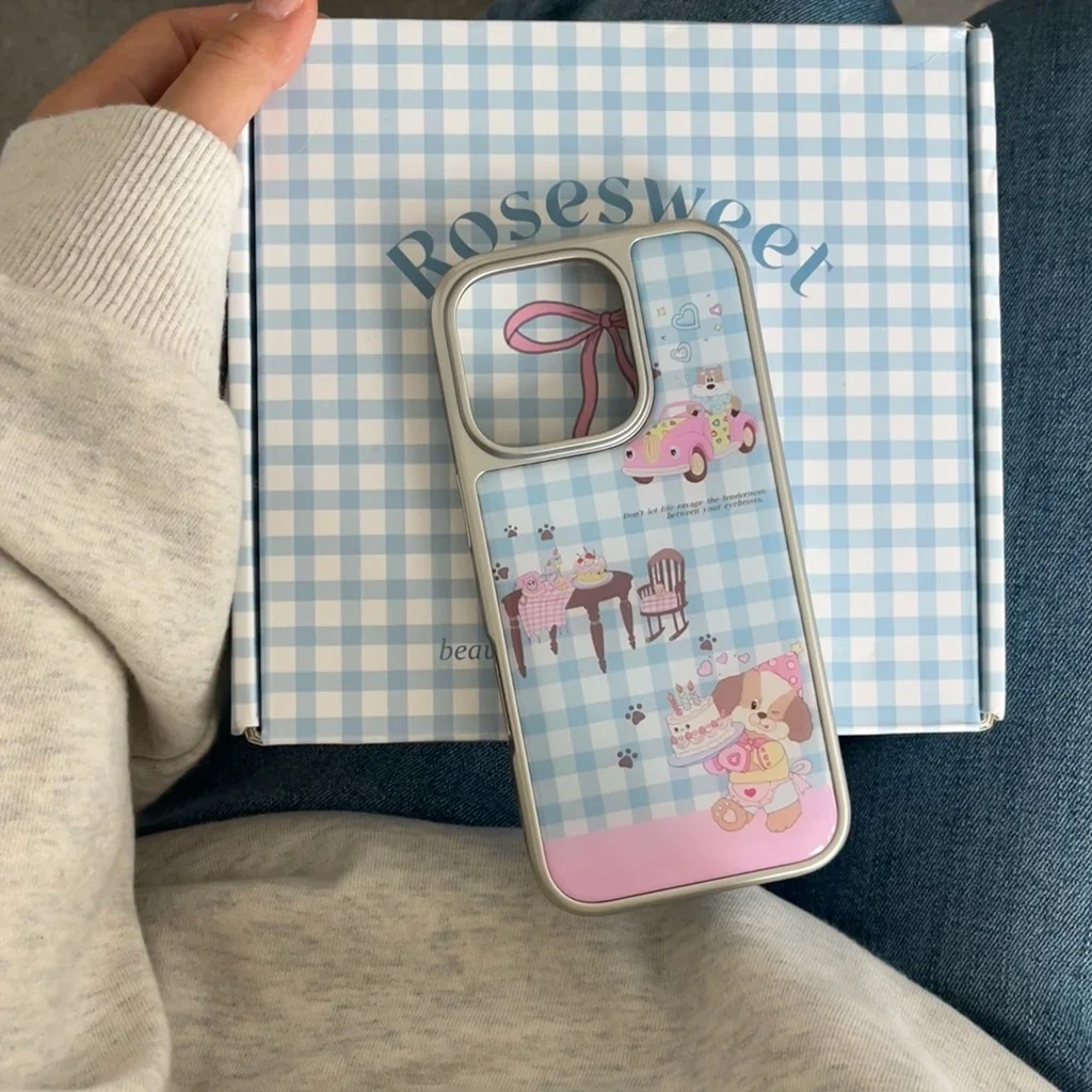 cartoon puppy birthday cake blue Grid Pattern Shockproof Protective Phone Cover Case for iPhone 16 15 14 13 Pro Max