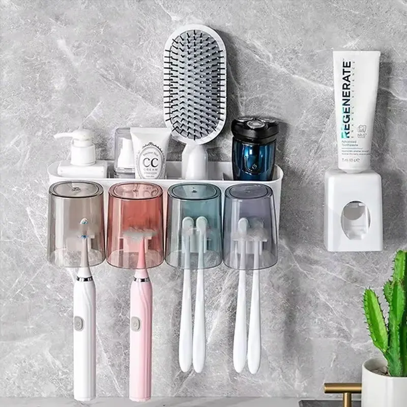 Wall Mounted Toothbrush Holder with Cup Automatic Toothpaste Squeezer Dispenser Suction Cup Bathroom Storage Rack Box for Family