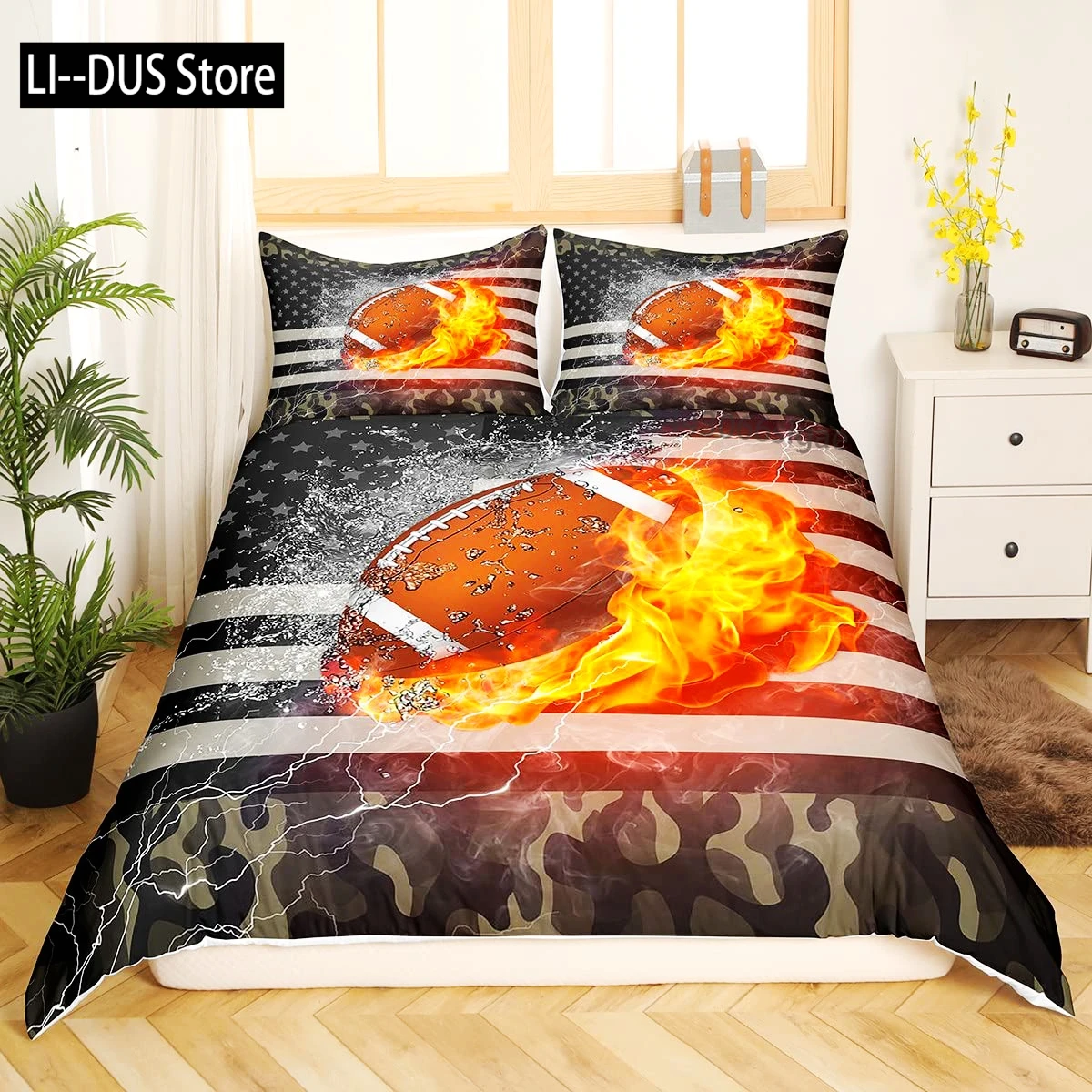 American Flag Duvet Cover, Boys Football Comforter Cover Bedding Set for Kid Teen Adult Bedroom Decor 3 Pieces with 2 Pillowcase