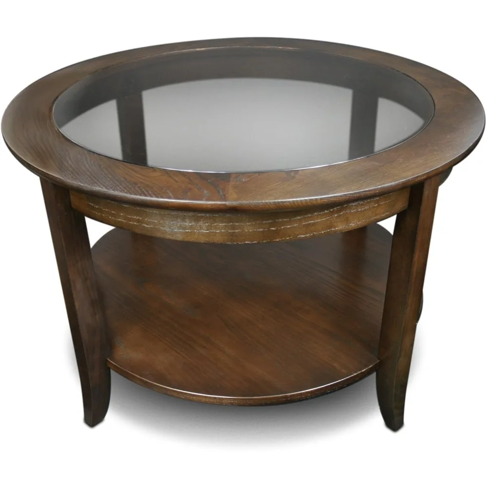 

Chocolate Oak Brown Solid Wood Coffee Table with Round Glass Top and Shelf Model 10037