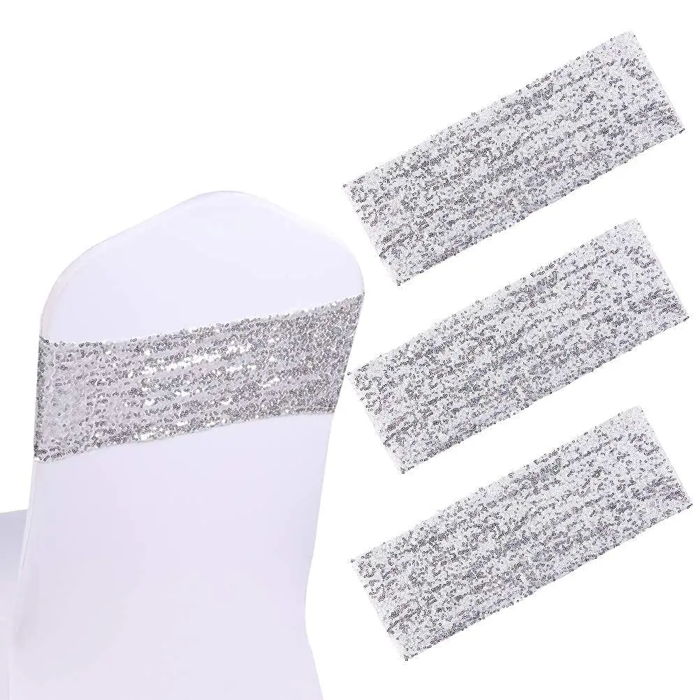 

10pcs Sliver Stretch Spandex Chair Bow Sash Bands Wedding Engagement Banquet Decor Birthday Party Gatherings Home Decoration