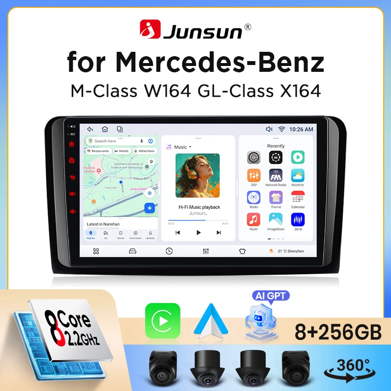 Image of Junsun Wireless CarPlay Android Auto Autoradio für Mercedes-Benz M-Klasse (W164) / GL-Klasse (X164) 2005-2011 mit integriertem Lüfter, Android GPS-Navigation, Multimedia-Player, WiFi, DSP, RDS, BT,