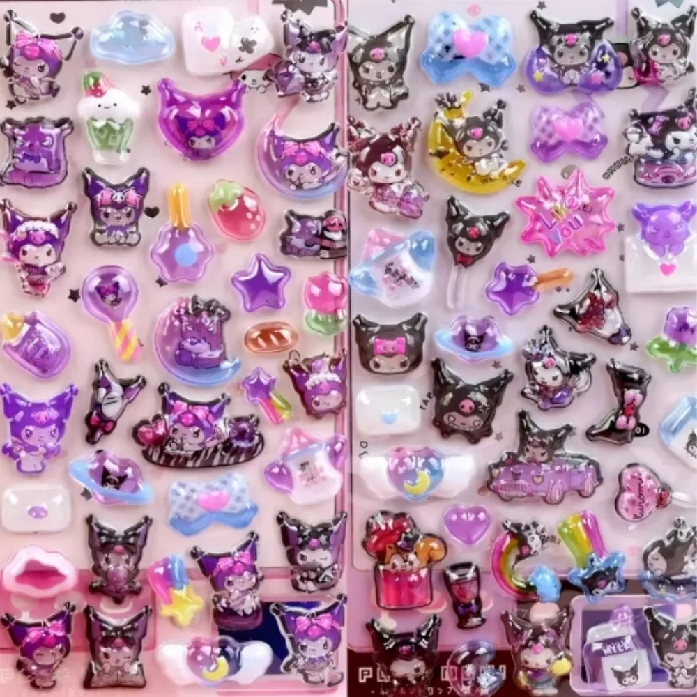 @8Pcs My Melody MelodyCrystal Sticker 3D Embossed Kawaii Kuromi Glowing Cute Cinnamon Roll Sticker Sticker Kids Decoration Pack