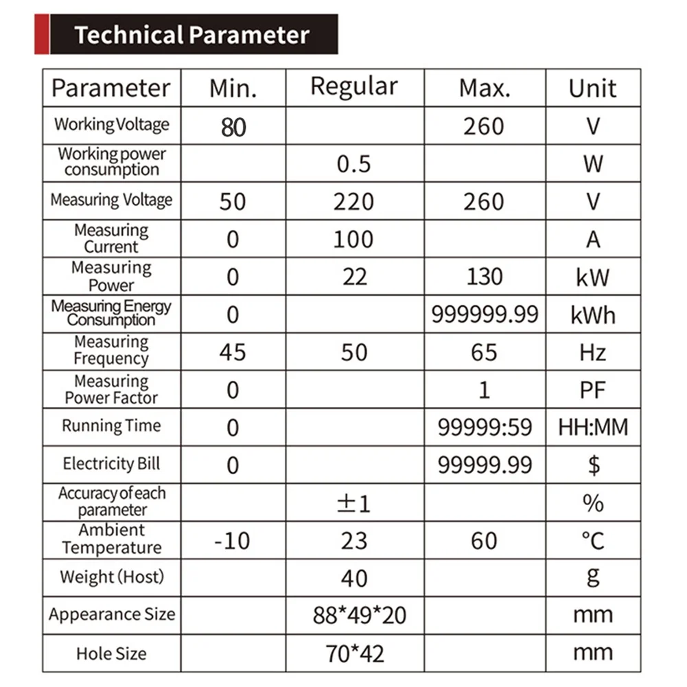 2 inch TFT LCD Digital Electricity Meter AC 80-260V for Voltage Current Power Energy Measurement and Safety Alerts